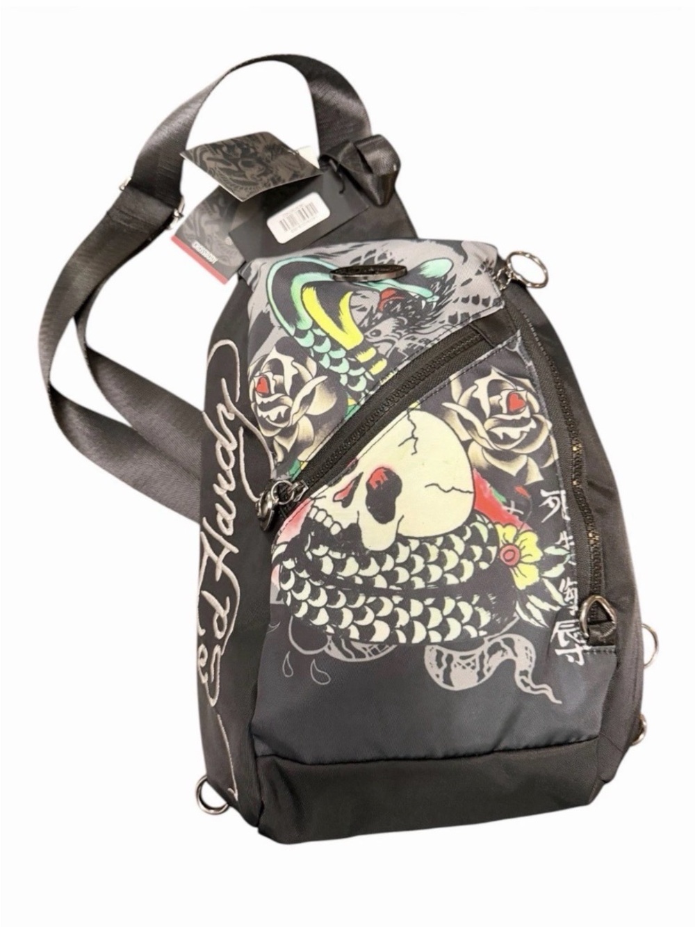 Ed Hardy Black Sling Backpack Unisex NY City Skull, Snake & Rose Graphic Tatoo
